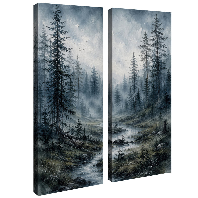 Forêt de pins bleus mélancoliques avec ruisseau de montagne - Décoration murale encadrée (lot de 2) - 81 x 30 x 5 cm