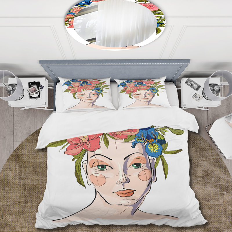 Portrait d'une femme avec une guirlande de fleurs rouges I - Ensemble de housse de couette moderne - Microfibre de polyester