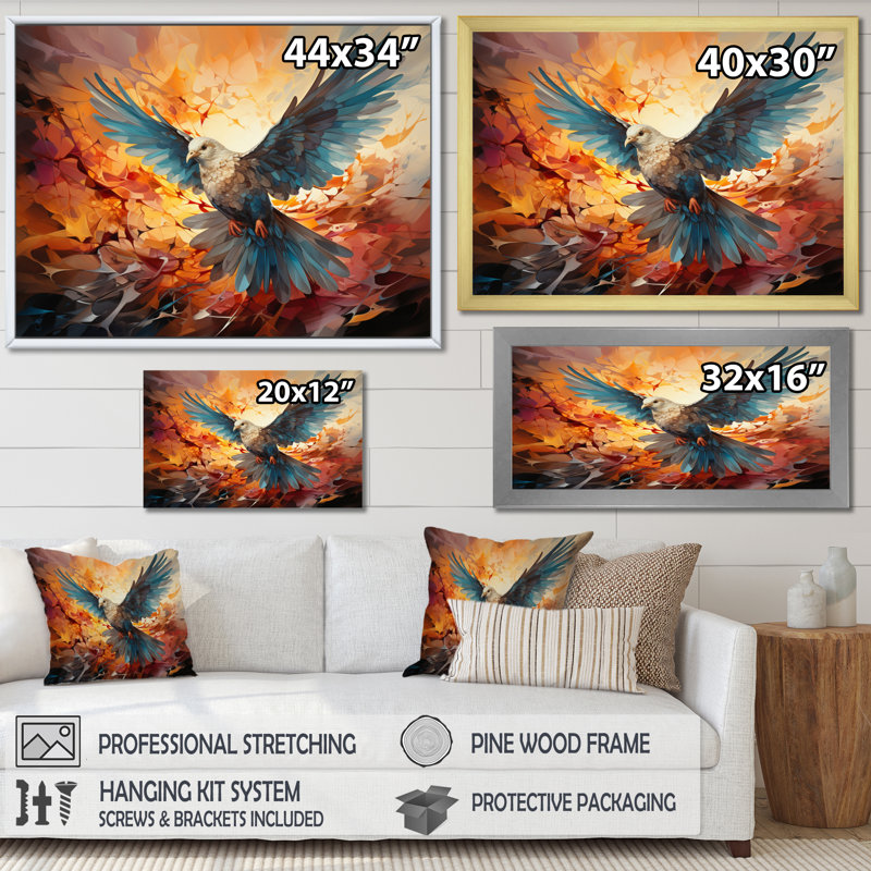 «Teal Dove Winged Messenger Geometric II», reproduction sur toile, H 24 po x l 32 po x P 1 po, Cadre doré à une seule photo