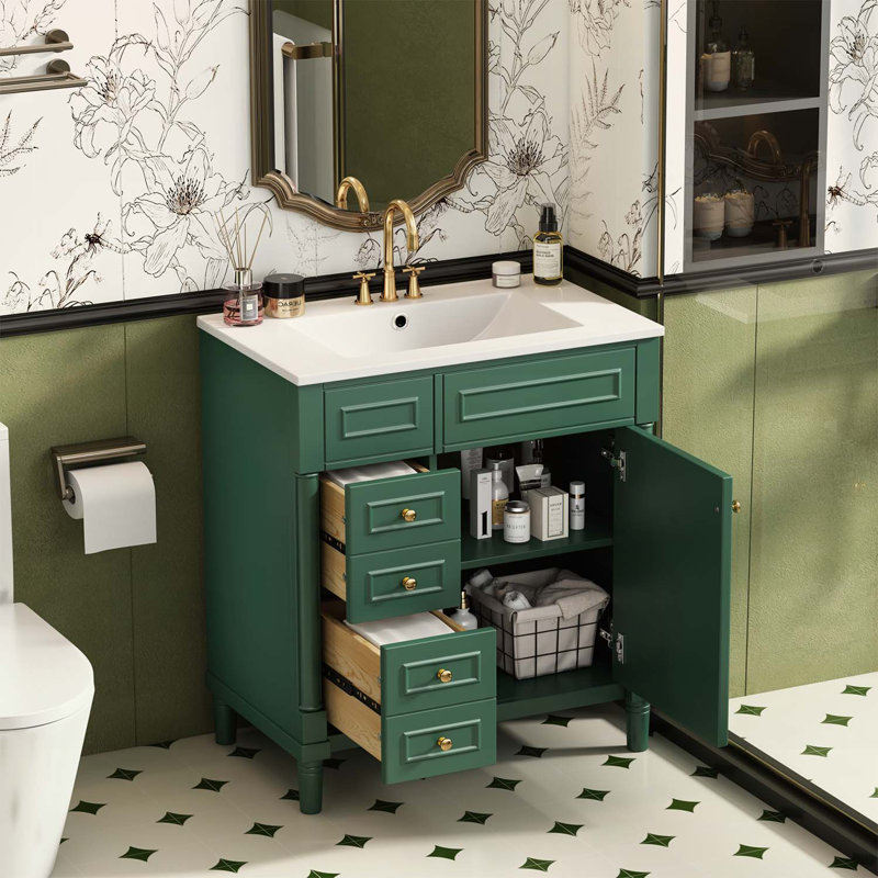 Meuble-lavabo autoportant de 30 pouces avec lavabo, porte à fermeture douce et 2 tiroirs pour un rangement spacieux et une conception moderne