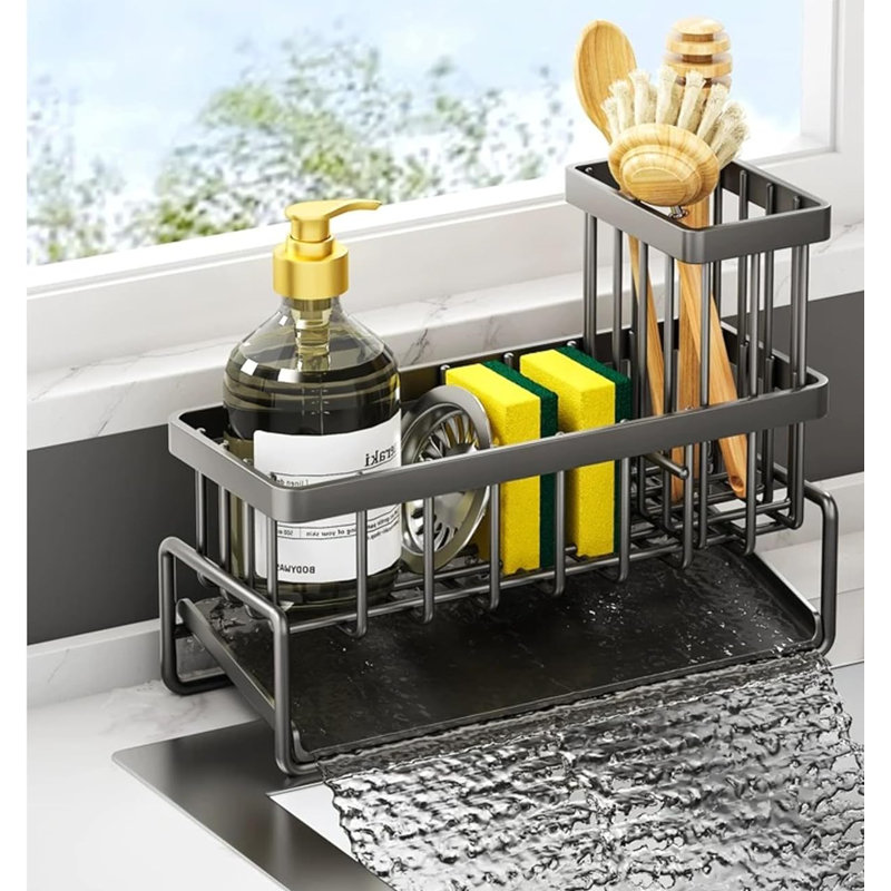 Porte-évier de cuisine en acier inoxydable avec porte-brosse amovible, organisateur d'éponge et d'épurateur, distributeur de savon et support à brosse haute pour le comptoir ou le rangement de la salle de bain