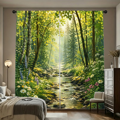 2 Pieces Scenic Forest Stream Light Filtering Curtain with Wildflowers and Sunlight Pattern, Nature Landscape Decor, Easy Hang Rod Pocket Design, All-Season Curtains for Home Living Room Bedroom Study Room