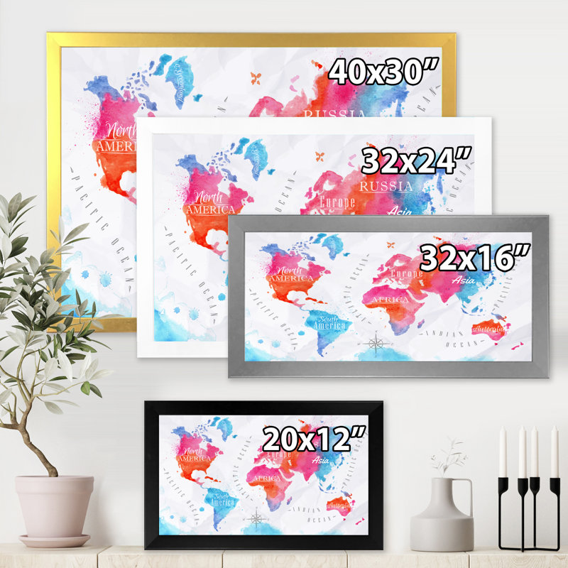 Carte du monde en rose et bleu - Impression sur toile, H 30 po x l 40 po x 1,5 po, Cadre photo blanc