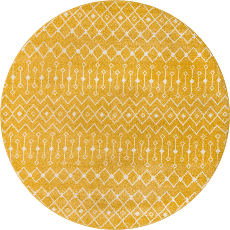 Tapis jaune / ivoire en polypropylène tissé à la machine Briehn, Rond 10 pi