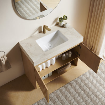 Meuble-lavabo FINO 36, sur pied, comptoir en pierre frittée couleur crème veinée or et lavabo en céramique avec 1 trou pré-percé pour robinetterie, démonté, robinetterie et bonde non inclus, couleur chêne Corolla