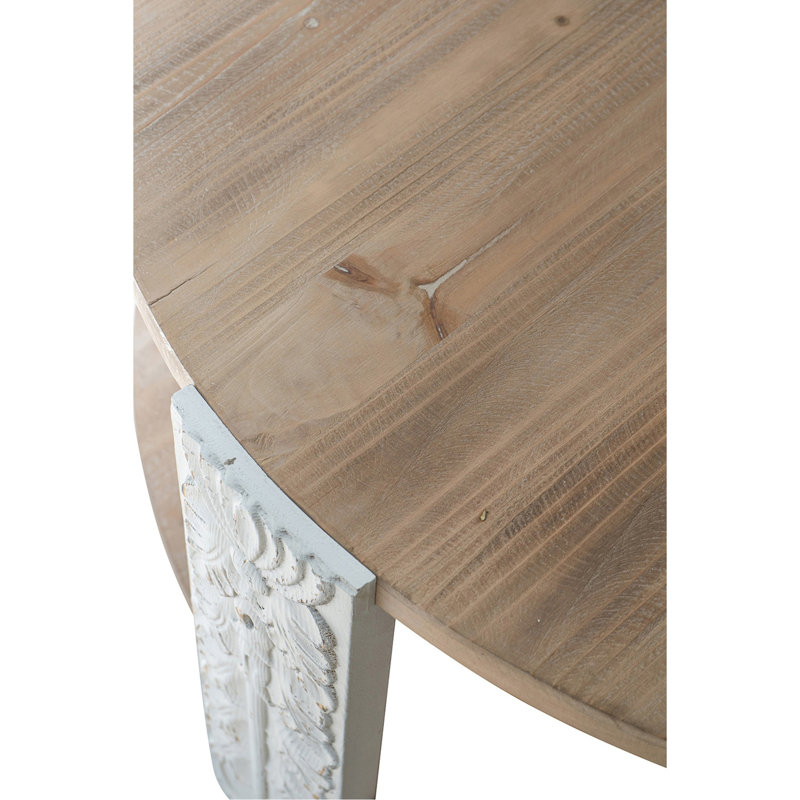 Table basse ronde en bois 31,5 x 31,5 x 17,7 po avec finition brune naturelle, pieds sculptés blancs et tablette de rangement inférieure