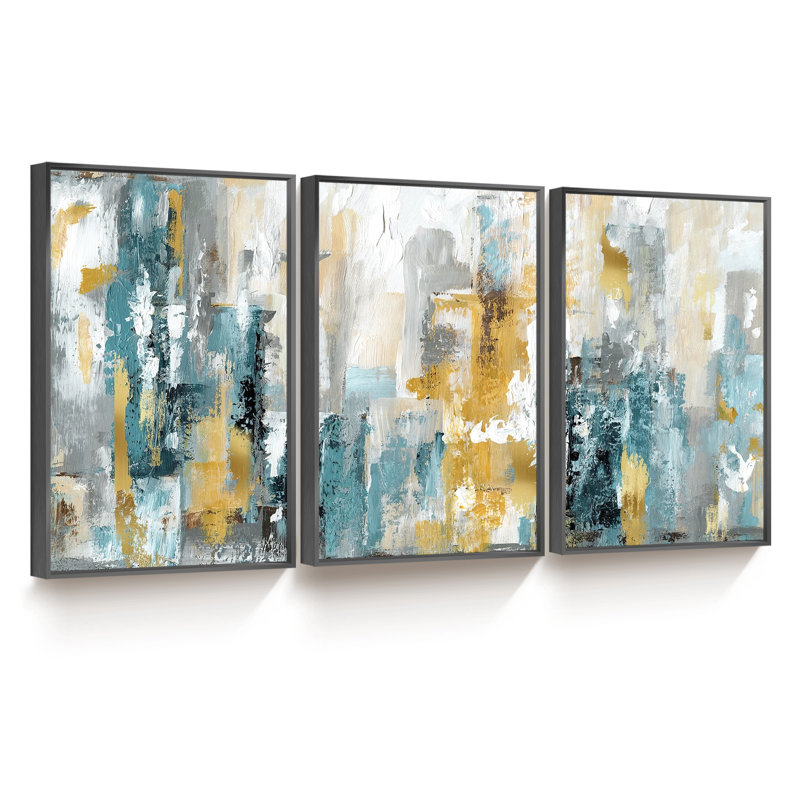 «Modern encadré abstrait», ensemble de 3 peintures sur toile encadrées, Cadre noir, H 16 po x l 25 po