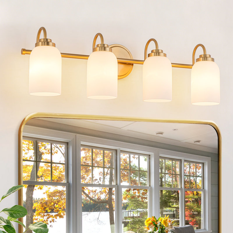 Luminaire de salle de bain à intensité variable avec abat-jour en verre blanc, Quatre lumières, 8.78" H x 27.6" W x 6.6" D