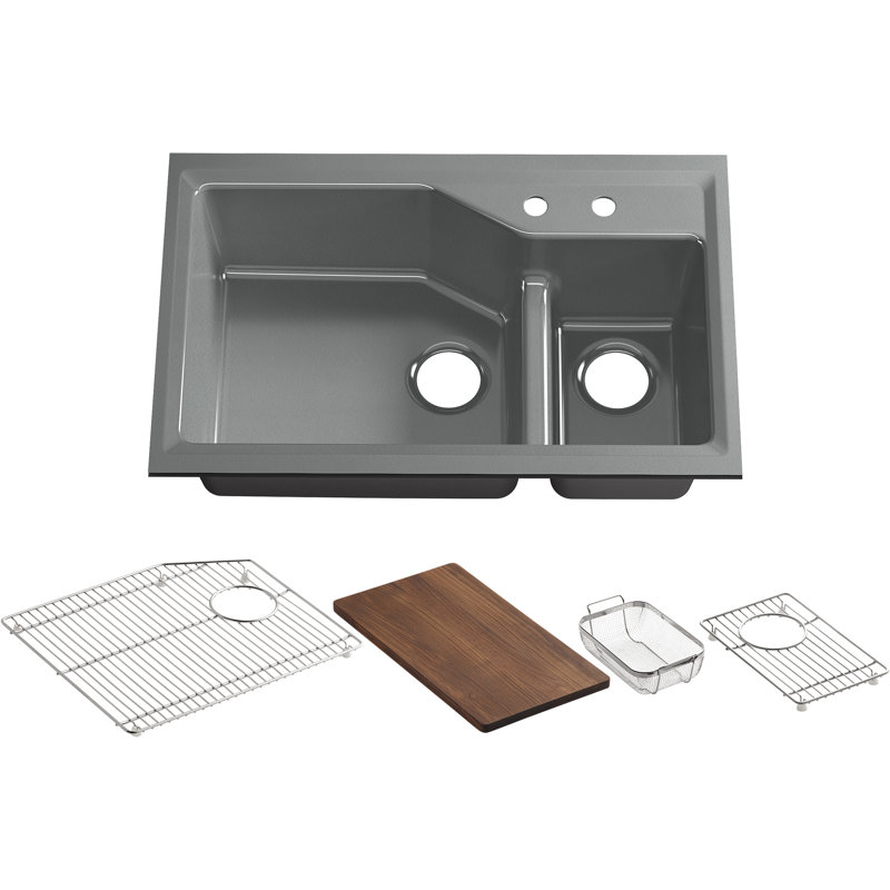 Indio® 33" L x 21.125" W Double Basin Undermount Kitchen Sink with Accessories, 2 hole, Basalt