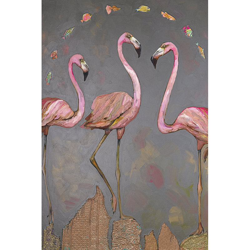 «Flamants et poisson», reproduction sur toile, H 30 po x l 20 po, Toile tendue