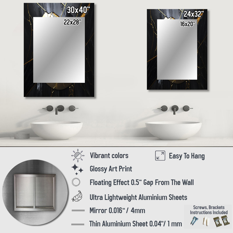 Abstract Geode Gold III - Marble Decorative Mirror, Gold Large Wall Mirror, Printed Metal Art, 40" x 30"