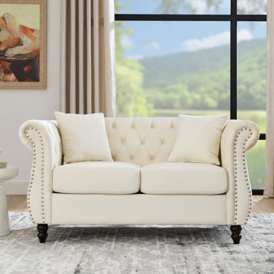 Canapé Chesterfield 58,8 po en velours capitonné 3 places avec accoudoirs roulés et têtes de clou pour salon, chambre à coucher, bureau, appartement, noir