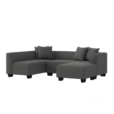 Modular L shape Sectional Sofa with Ottoman & Throw Pillows in Charcoal with Black Plastic Legs