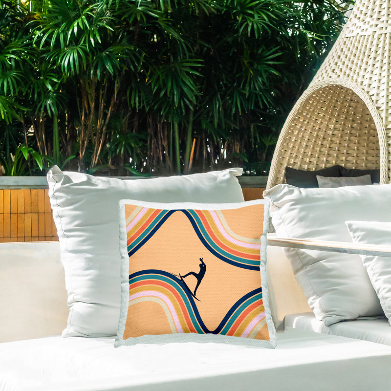 Retro Surfer Riding Wave Outdoor Printed Pillow design by Ashley Singleton