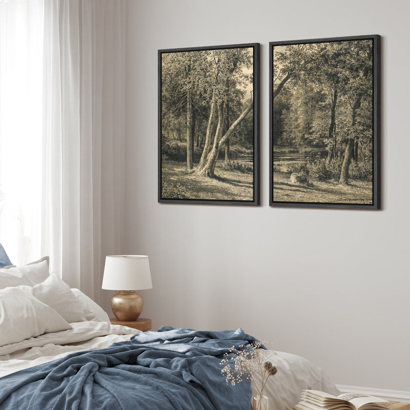 «Rustic Countryside Forest Trees Landscape», reproduction sur toile encadrée 2 pièces, Noir, H 24 po x l 32 po x P 1,5 po