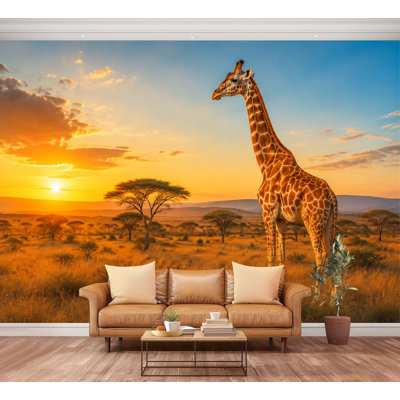 Wall Mural Peel and Stick Giraffe Standing Sunset African Savannah Acacia Trees Large Wallpaper Self-Adhesive Removable Contact Paper Wall Decor for Living Room Bedroom Nursery 100"H x 144"W
