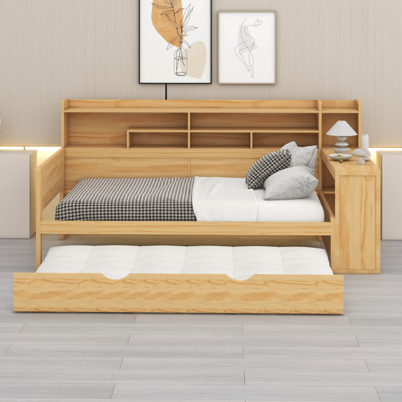 Lit de jour en bois Trundle - tablettes de rangement, bureau d'étude (conception multifonctionnelle), Lit simple, Naturel