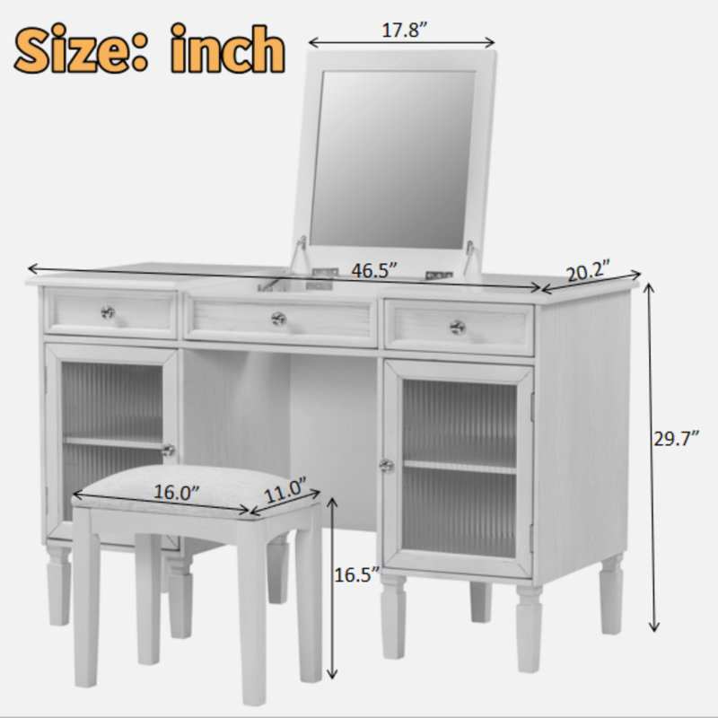  Bureau de coiffeuse 2 en 1 avec miroir rabattable, tiroir et armoire