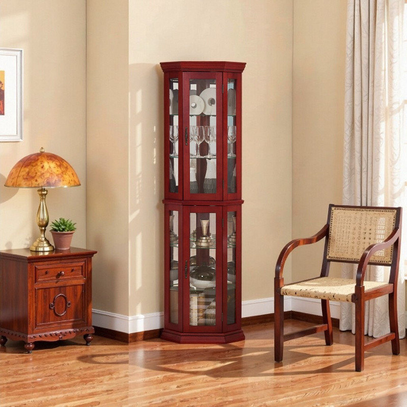 Glass Display Cabinet with Tempered Glass Doors, Adjustable Shelves & LED Lighting for Home Bar or Collectibles, Cherry