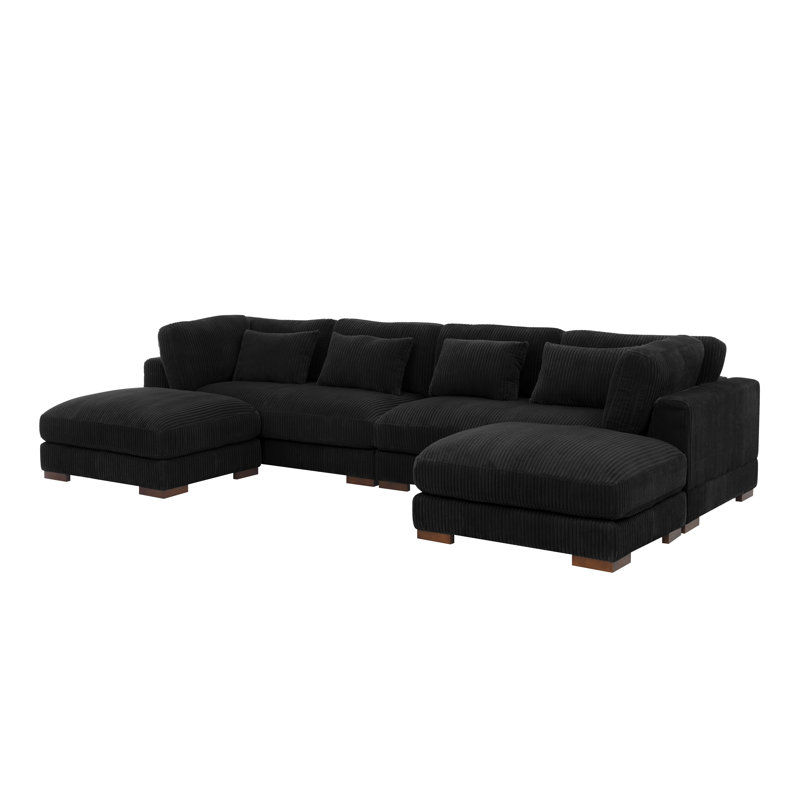 Croy 137" Wide Symmetrical Modular Corner Sectional with Ottoman, Black Corduroy