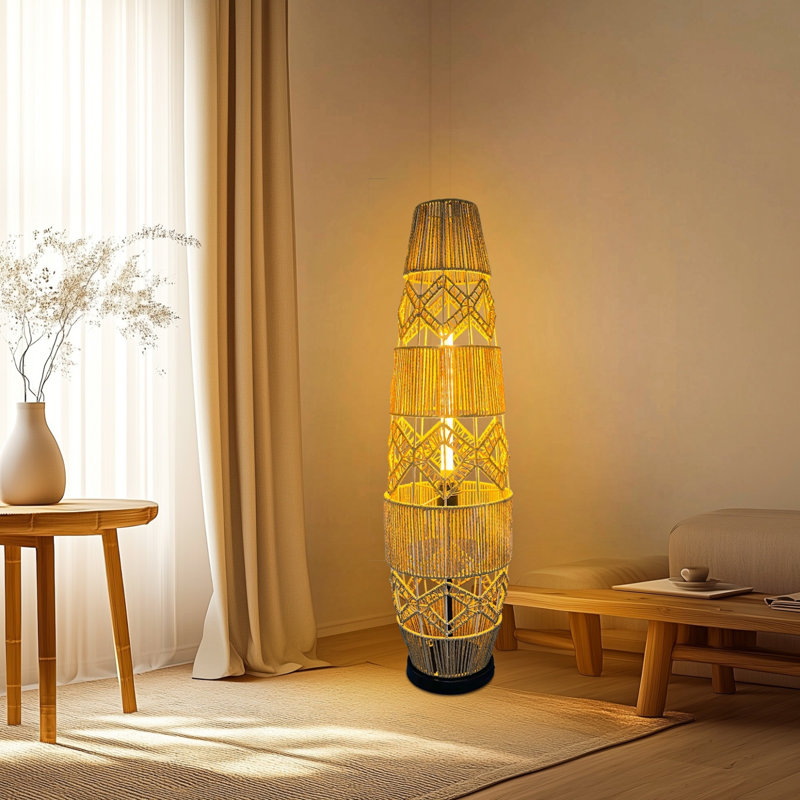 Rustic Boho Hand Woven Rattan Floor Lamp Corner Night Light Free Standing With Adjustable 3 Colors