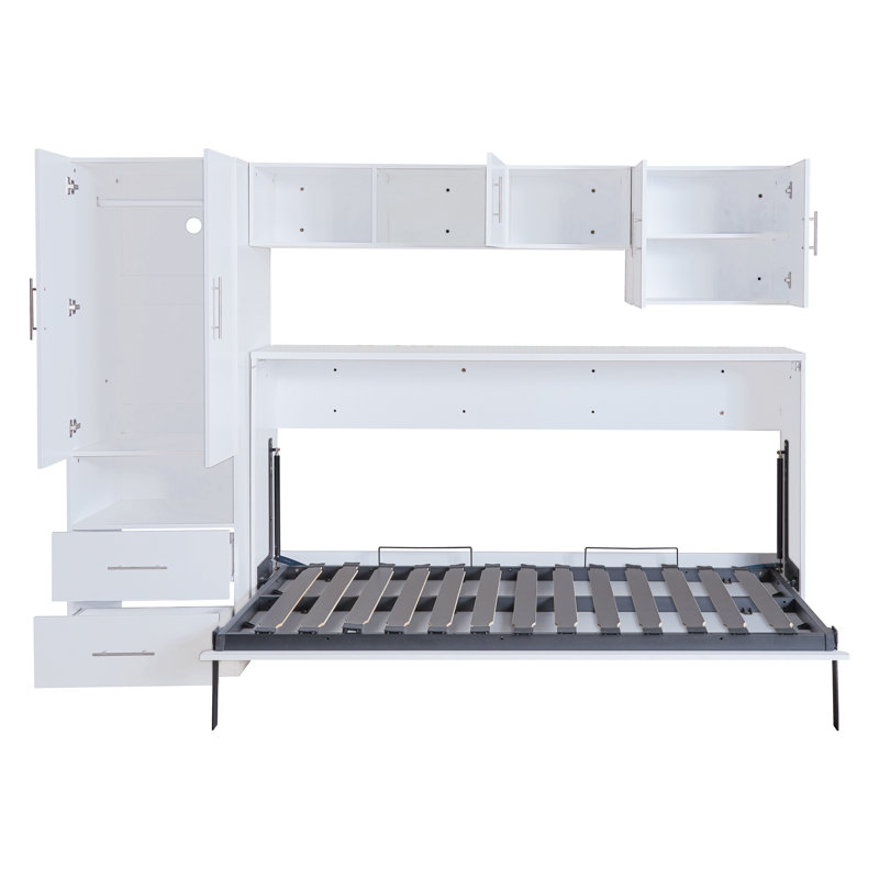 Lit escamotable simple avec tablettes ouvertes, tiroirs de rangement, garde-robe et bureau intégrés, cadre en bois aggloméré et en métal, sans sommier