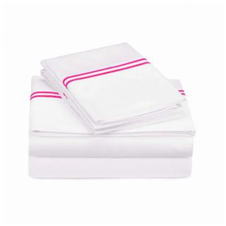 400TC Double Embroidery Sateen Solid Cotton 4 Piece Sheet Set Fitted Sheet Fits Upto 16" Deep Pocket, Full XL Sheet Set