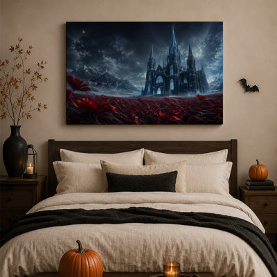 Cathédrale gothique dans un champ de coquelicots rouges avec toile murale d'Halloween enneigée