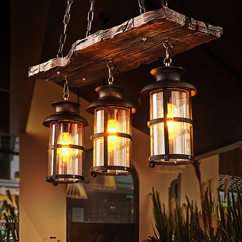 Luminaire suspendu rustique en métal et bois à 3 lampes 