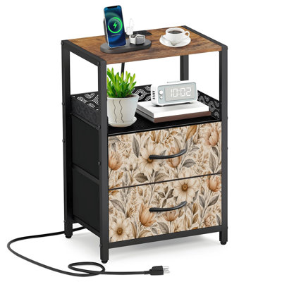 Table de chevet 2 tiroirs en tissu avec station de charge Tournesols floraux Feuilles élégantes Beige doux tons chauds Table de chevet de chambre à coucher avec tablette et ports USB ouverts