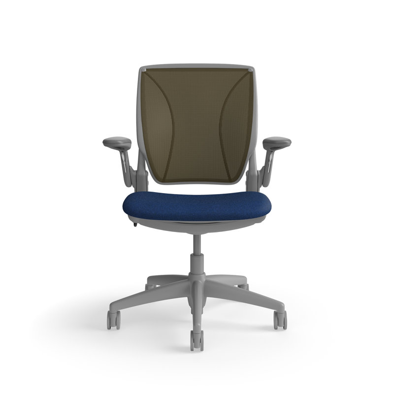 World LM, Ergonomic Task Chair with Poppy Seed Backrest, and  Autumn Upholstered Seat, Gray, Navy Blue Fabric, Brown Mesh