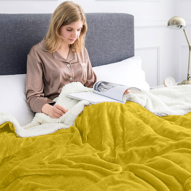  Sherpa Fleece Fur Thick Reversible Blanket Throw, Twin, Ochre