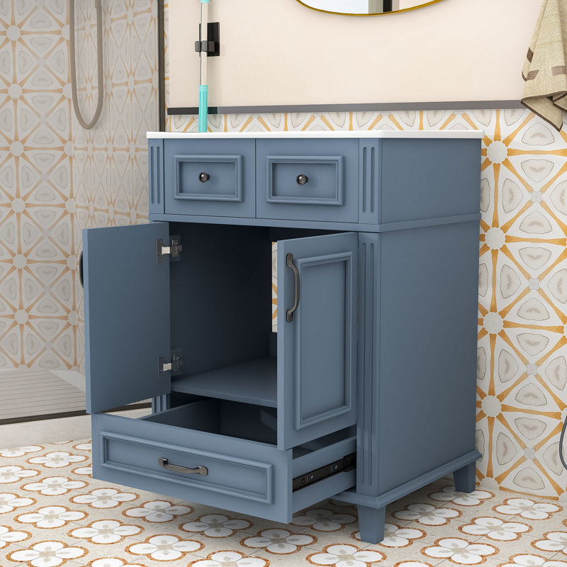 Meuble-lavabo de salle de bain avec lavabo en céramique, tiroir de rangement et portes à fermeture en douceur, Bleu