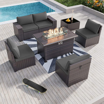 7-Piece Wicker Patio Conversation Set With Cushions,Coffee Table And Outdoor Fire Pit Table With Aluminum Top, PE Rattan Base, And  White Glass Wind Guard