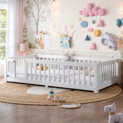 Twin Solid Wood Floor Bed with Safety Guardrails and Door