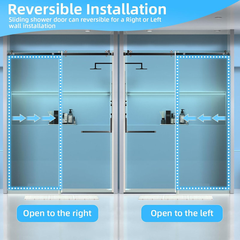 56-60" W x 75" H Sliding Shower Door, Frameless Glass Shower Door with 5/16" (8mm) Clear Tempered Glass, Explosion-Proof Film, Pull Handle, Stainless Steel Hardware, Matte Black Finished