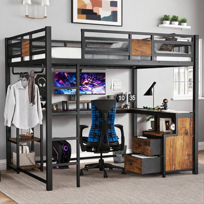 Grand lit mezzanine, rangement compact avec bureau de travail attaché, structure en métal noir profond avec échelle intégrée