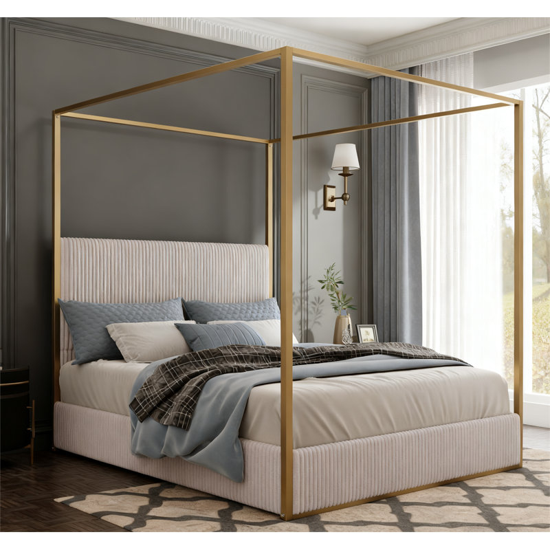 Luxury Metal Canopy Bed with Tall Corduroy Upholstered Headboard, Gold/Beige, Queen