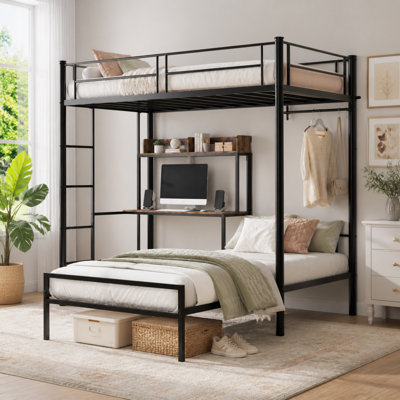 Twin Size Metal and MDF Bunk Bed with Charging Station and Desk, Black