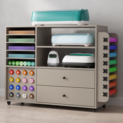 Armoire de rangement roulante robuste pour machine de découpe de loisirs créatifs – 2 grands tiroirs, 24 supports pour rouleaux de vinyle, roulettes verrouillables, organisateur de bureau, idéal pour la maison, le bureau ou l'atelier, gris