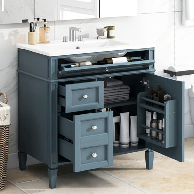 Meuble-lavabo de salle de bain avec 3 tiroirs, armoire de rangement et organisateur de porte d'armoire pour meuble-lavabo fonctionnel 30 po, poignée texturée coulissante silencieuse,