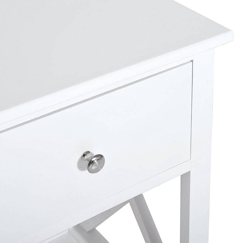 White Farmhouse End Table with Drawer, Open Shelf & X-Frame for Living Room