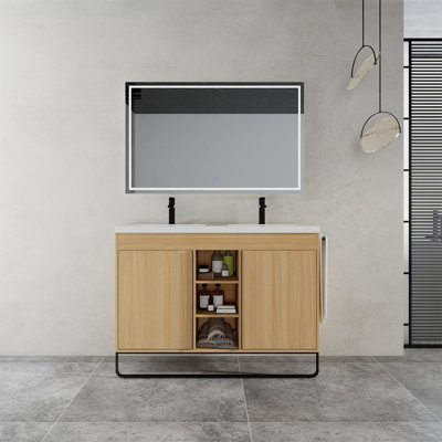 48" Freestanding Bathroom Vanity – Resin Double Sink, 2 Soft-close Doors, 3 Open Storage Racks, Kd-packing, Plywood
