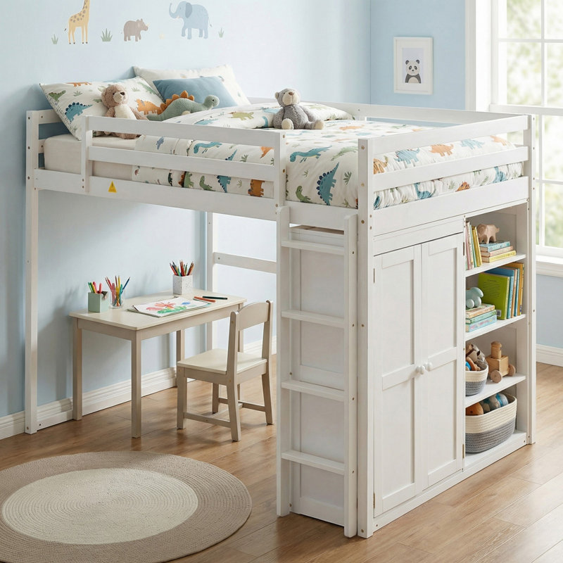 Lit mezzanine double en bois massif avec garde-robe intégrée et tablettes de rangement, lumière DEL pour la chambre à coucher