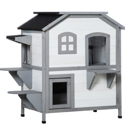 2-Story Outdoor Cat Hideaway - Wooden Enclosure With Escape Hatch For Cats, Open Roof, Jumping Platforms, White Playhouse Openable