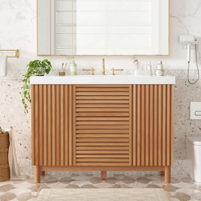 Meuble-lavabo de 47,2 pouces avec un lavabo en résine Smc, une armoire en MDF avec des pieds en bois massif, des portes et des tiroirs à fermeture en douceur et des tablettes réglables, une armoire de rangement de salle de bain moderne.
