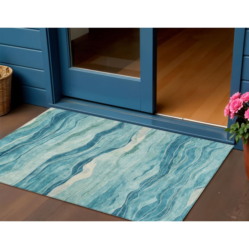 3' X 5' Turquoise Striped Washable Indoor Outdoor Area Rug