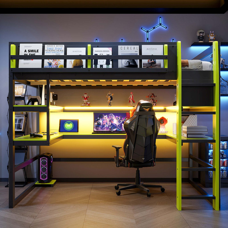 Lit mezzanine Gaming avec rangement intégré et éclairage RVB, Rouge; noir