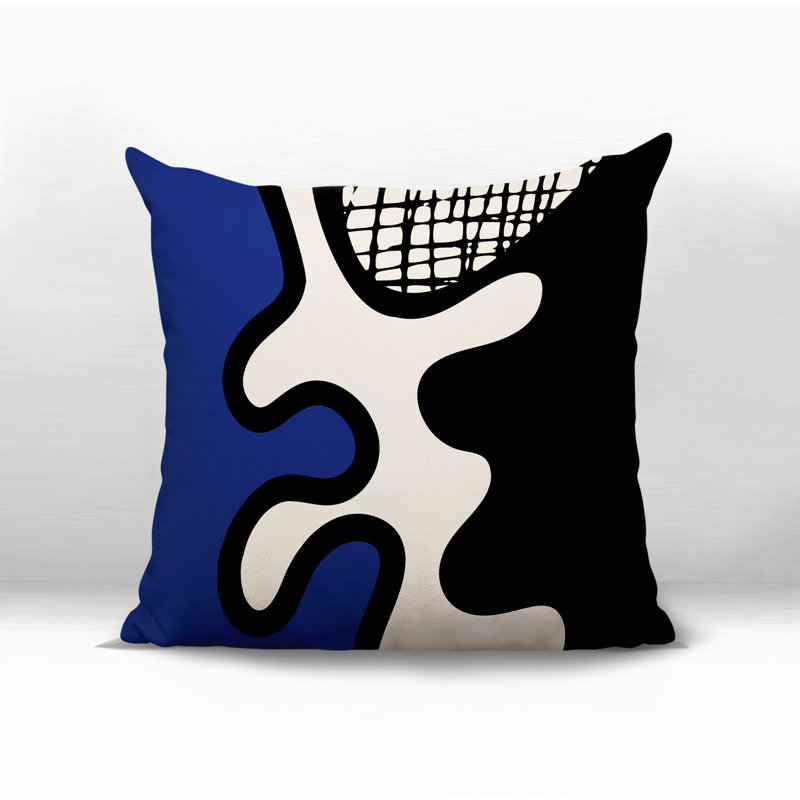 Oreiller carré réversible intérieur / extérieur Vido, Bleu marine / noir / blanc cassé abstrait, H 17 po x l 17 po
