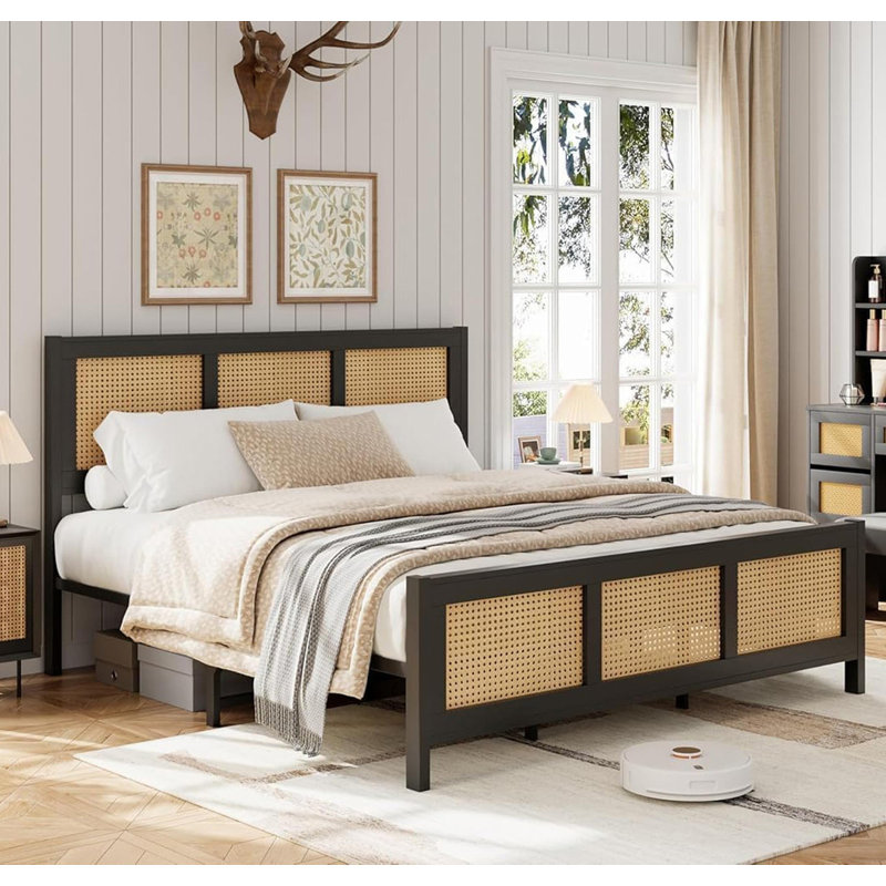 Rattan Platform Bed Frame with Headboard, King Size, Black, Black, King